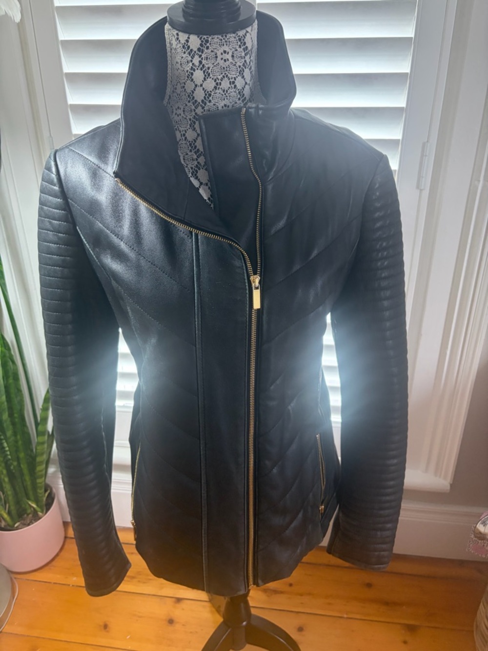 Badgley Mischka Black Quilted Faux Leather Jacket with Gold Zippers
